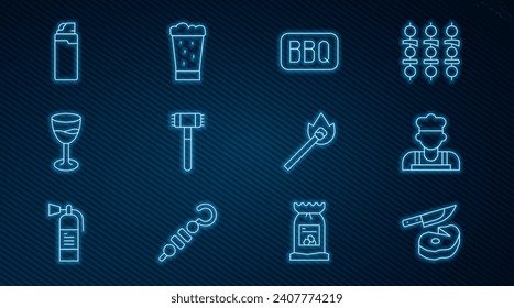 Set line Steak meat and knife, Cook, Barbecue, Kitchen hammer, Wine glass, Lighter, Burning match with fire and Glass of beer icon. Vector