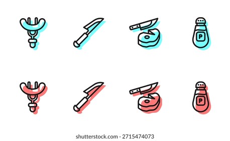 Set line Steak meat and knife, Sausage on the fork, Knife and Pepper icon. Vector