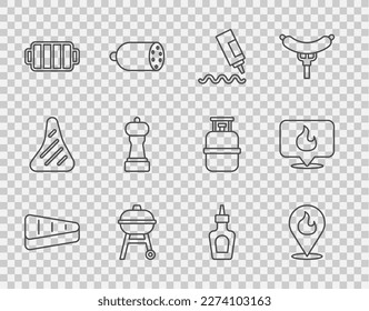 Set line Steak meat, Location with fire flame, Sauce bottle, Barbecue grill, Pepper,  and  icon. Vector
