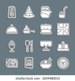 Ponga carne de filete en un plato, Sal y pimienta, queso, hervidor de agua con mango, sartén frito, bandeja cubierta e icono del pastel. Vector