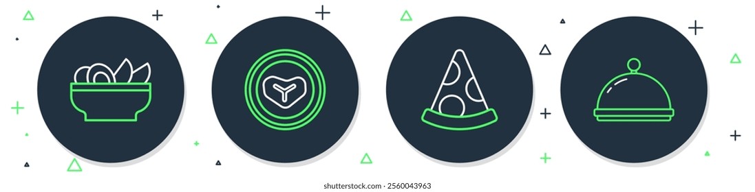 Set line Steak meat on a plate, Slice of pizza, Nachos in and Covered with tray icon. Vector