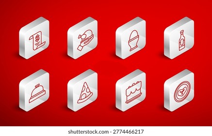Set line Steak meat on a plate, Roasted turkey or chicken, Chicken egg stand, Wine bottle, Cake, Paper financial check, Slice of pizza and Hotel service bell icon. Vector