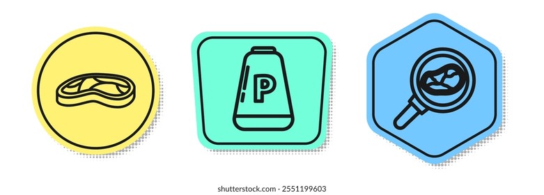 Set line Steak meat, Pepper and Steak meat in frying pan. Colored shapes. Vector