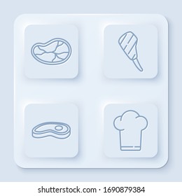 Set line Steak meat, Rib eye steak, Steak meat and Chef hat. White square button. Vector