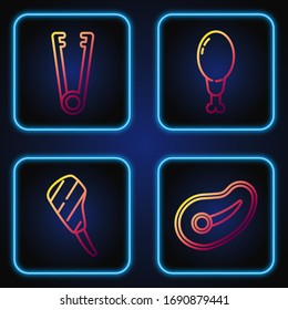 Set line Steak meat, Rib eye steak, Meat tongs and Chicken leg. Gradient color icons. Vector