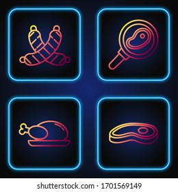 Set line Steak meat, Roasted turkey or chicken, Crossed sausage and Steak meat in frying pan. Gradient color icons. Vector