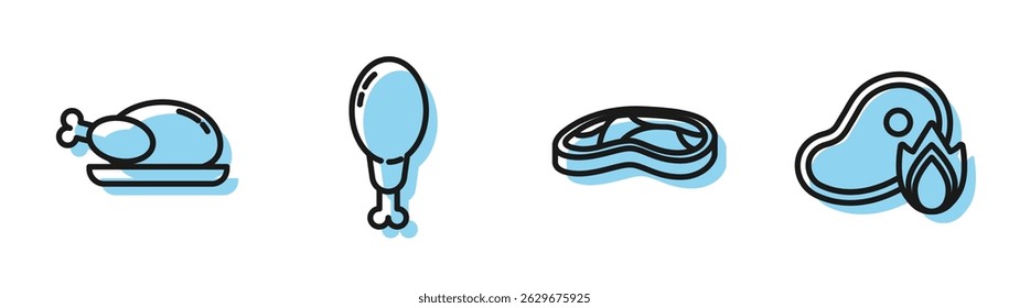 Set line Steak meat, Roasted turkey or chicken, Chicken leg and Grilled steak meat and fire flame icon. Vector