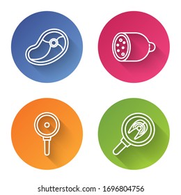 Set line Steak meat, Salami sausage, Frying pan and Fish steak in frying pan. Color circle button. Vector