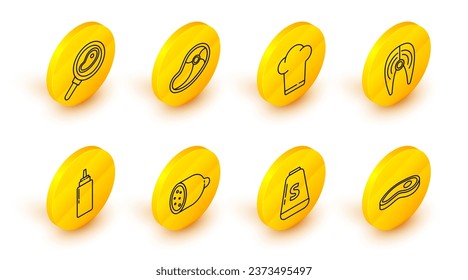 Set line Steak meat, Salt, Salami sausage, Sauce bottle, Fish steak, Chef hat,  and in frying pan icon. Vector