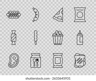 Set line Carne de bife, sanduíche, Fatia de pizza, entrega de pedido on-line, sanduíche de Hotdog, Lollipop, Pacote de saco batatas fritas e ícone de garrafa de molho. Vetor