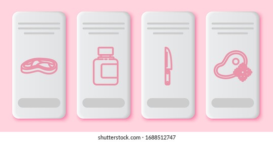 Set line Steak meat, Sauce bottle, Knife and Fresh frozen steak meat. White rectangle button. Vector
