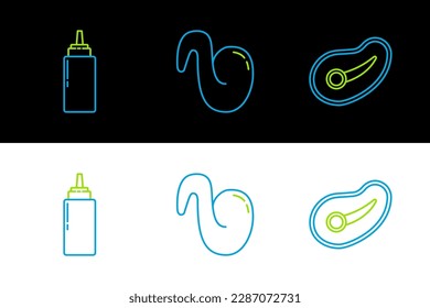 Set line Steak meat, Sauce bottle and Fried chicken wing icon. Vector