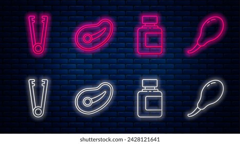 Set line Steak meat, Sauce bottle, Meat tongs and Chicken leg. Glowing neon icon on brick wall. Vector