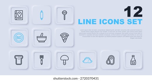 Fije la línea Carne de bistec, botella de salsa, mortero y mortero, taco con tortilla, Anuncio para bio, tenedor, rodillo e icono de champiñón. Vector