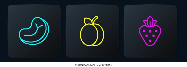Set line Steak meat, Strawberry and Plum fruit. Black square button. Vector