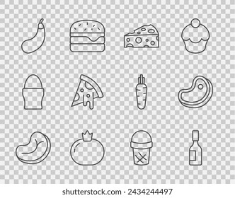 Set line Steak meat, Tabasco sauce, Cheese, Tomato, Eggplant, Slice of pizza, Ice cream in waffle and  icon. Vector