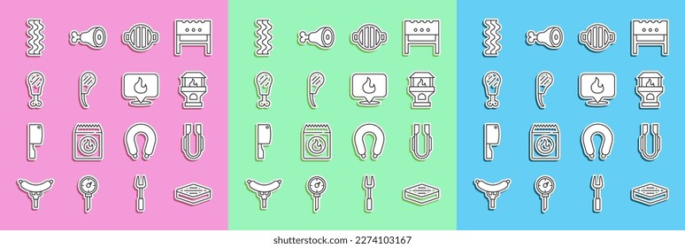 Set line Steak meat, Meat tongs, Brick stove, Barbecue grill, Rib eye steak, Chicken leg, Bacon stripe and Location with fire flame icon. Vector