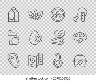 Set line Steak meat, Vegan food diet, Vegetarian menu, Paper package for milk, No egg, Avocado fruit and bread loaf icon. Vector