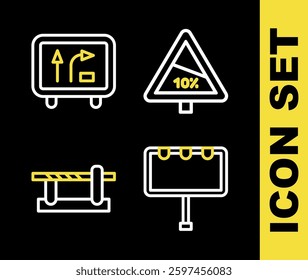Set line Steep ascent and descent road, Billboard with lights, Parking car barrier and Road traffic sign icon. Vector