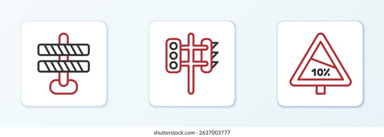 Set line Steep ascent and descent road, Road barrier and Traffic light icon. Vector