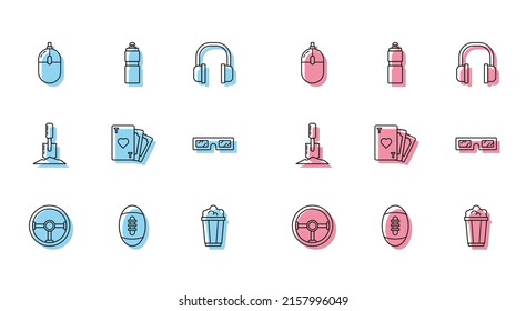 Set line Steering wheel, American Football ball, Computer mouse, Popcorn cardboard box, Playing with heart symbol, 3D cinema glasses, Shovel the ground and Fitness shaker icon. Vector
