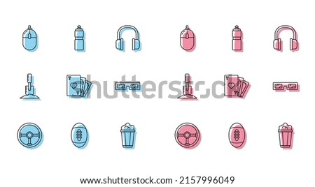 Set line Steering wheel, American Football ball, Computer mouse, Popcorn cardboard box, Playing with heart symbol, 3D cinema glasses, Shovel the ground and Fitness shaker icon. Vector