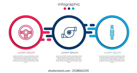 Definir linha Volante de direção, Turbocompressor automotivo e Amortecedor. Modelo de infográfico comercial. Vetor