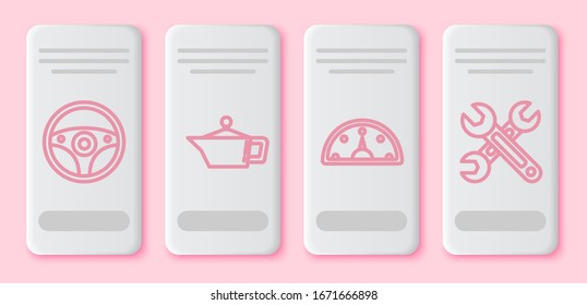 Fije el volante de la dirección de la línea, el cartucho para aceite de la máquina motora, velocímetro y llave. Botón rectángulo blanco. Vector