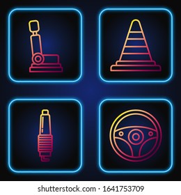 Set line Steering wheel, Car spark plug, Car seat and Traffic cone. Gradient color icons. Vector