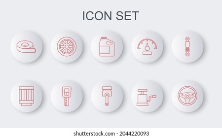 Set line Steering wheel, Car air filter, Canister for motor oil, pump, Scotch tape, key with remote and Engine piston icon. Vector
