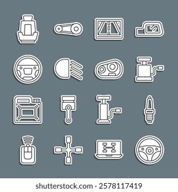 Set line Steering wheel, Car spark plug, air pump, Gps device with map, High beam, seat and headlight icon. Vector