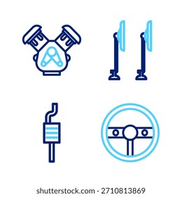 Set Linie Lenkrad, Autodämpfer, Scheibenwischer und Motorsymbol. Vektorgrafik