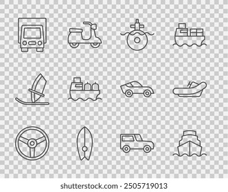 Set line Steering wheel, Cruise ship, Submarine, Surfboard, Delivery cargo truck, Oil tanker, Car and Rafting boat icon. Vector