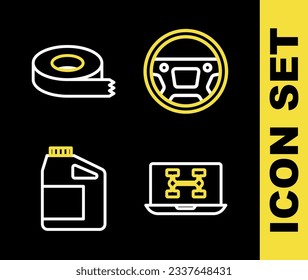 Ajuste el volante de la línea, el estado de diagnóstico del coche, el cartucho para aceite de motor y el icono de cinta Scotch. Vector