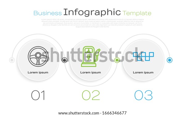 Set line\
Steering wheel, Electric car charging station and Taxi car roof.\
Business infographic template.\
Vector