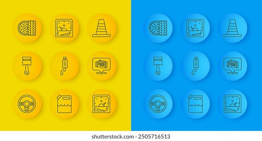 Set line Steering wheel, Engine piston, Car muffler, Motor gas gauge, Check engine, tire, Traffic cone and  icon. Vector