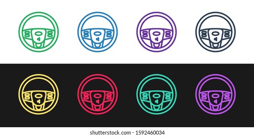 Set line Steering wheel icon isolated on black and white background. Car wheel icon.  Vector Illustration