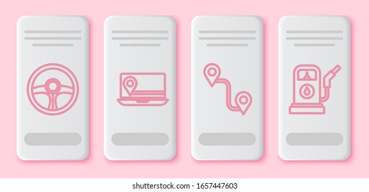 Set line Steering wheel, Laptop with location marker, Route location and Petrol or Gas station. White rectangle button. Vector