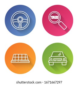 Set line Steering wheel, Magnifying glass and taxi car, Taxi car roof and Car. Color circle button. Vector