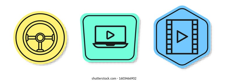 Set line Steering wheel, Online play video and Play Video. Colored shapes. Vector