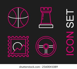 Set line Steering wheel, Picture landscape, Chess symbol and Basketball ball icon. Vector