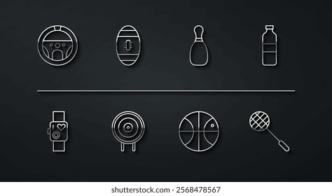 Set line Steering wheel, Smart watch showing heart beat rate, Bottle of water, Basketball ball, Target sport, American Football, Tennis racket and Bowling pin icon. Vector