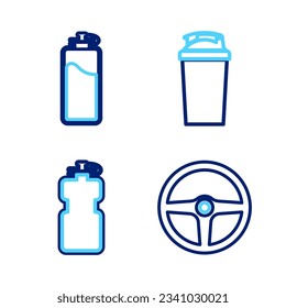 Set line Steering wheel, Sport bottle with water, Fitness shaker and  icon. Vector