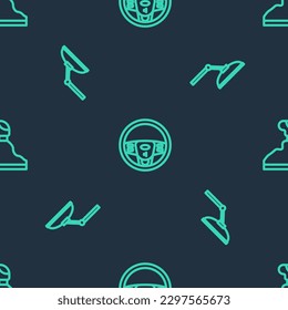Set line Steering wheel, Windscreen wiper and Gear shifter on seamless pattern. Vector