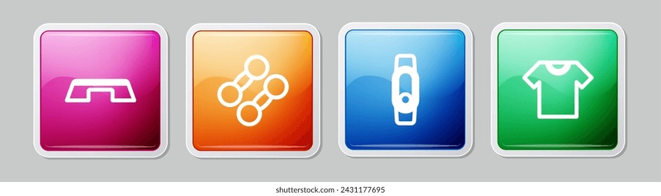 Set line Plataforma Step, Mancuerna, Smartwatch y Camiseta. Botón cuadrado colorido. Vector