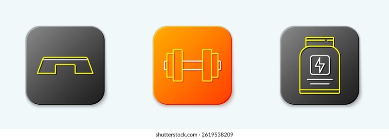 Set line Step platform, Dumbbell and Sports nutrition icon. Vector