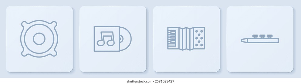 Set line Stereo speaker, Accordion, Vinyl disk and Drum and drum sticks. White square button. Vector