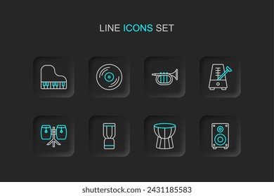 Set line Stereo speaker, African darbuka drum, djembe, Conga drums, Metronome with pendulum, Trumpet, Vinyl disk and Grand piano icon. Vector