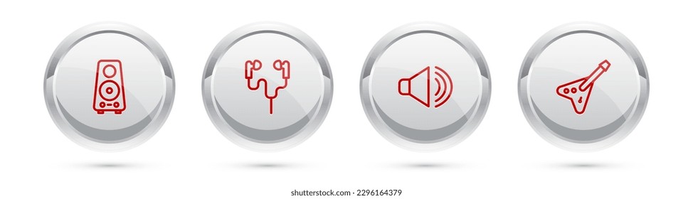 Set line Stereo speaker, Air headphones, Speaker volume and Electric bass guitar. Silver circle button. Vector