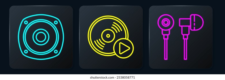 Set line Stereo speaker, Air headphones and Vinyl disk. Black square button. Vector